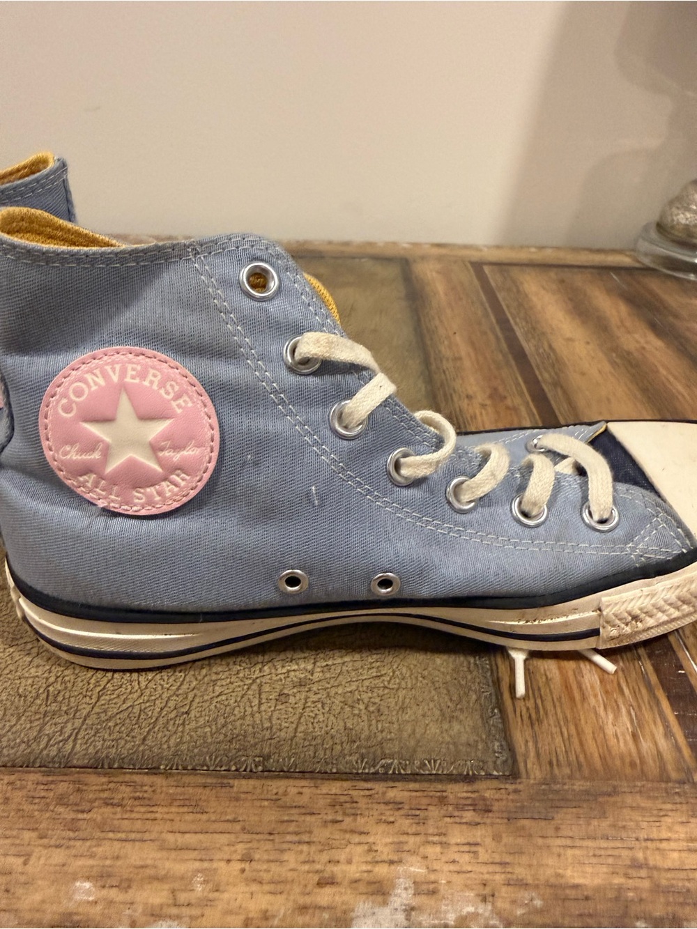 Denim Converse All Star High Top Sneakers - Light Blue with Pink Patch